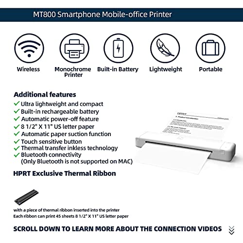 HPRT MT800QC Portable Wireless Bluetooth Monochrome Printer, Supports 8.5" X 11" US Letter Paper,Compatible with Android and IOS phone,No-ink technology,Suitable for Mobile Office.(Upgrade MT800Q 2.0)
