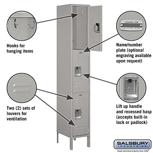 Salsbury Industries 63165GY-U Triple Tier 12-Inch Wide 6-Feet High 15-Inch Deep Unassembled Standard Metal Locker, Gray