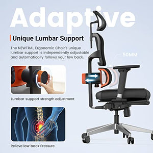 Newtral Ergonomic Office Chair with Adaptive Lumbar Support | High Back Computer Desk Chair | Footrest, Adjustable Arms, Headrest | Tilt Function, 4D Armrest Recliner | Home Office