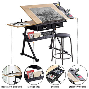 None Adjustable Drawing Table with Tiltable Tabletop, 2 Drawers, and Stool