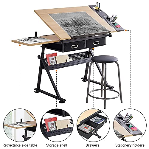 Adjustable Drawing Table with Tiltable Tabletop, 2 Drawers, and Stool