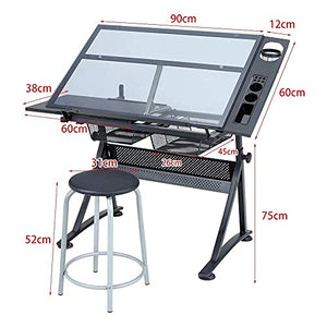 None Adjustable Drawing Table with Tempered Glass Top and Drawers/Stool