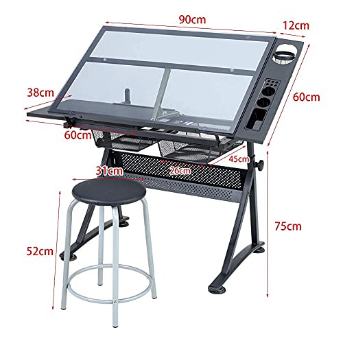 Adjustable Drawing Table with Tempered Glass Top and Drawers/Stool