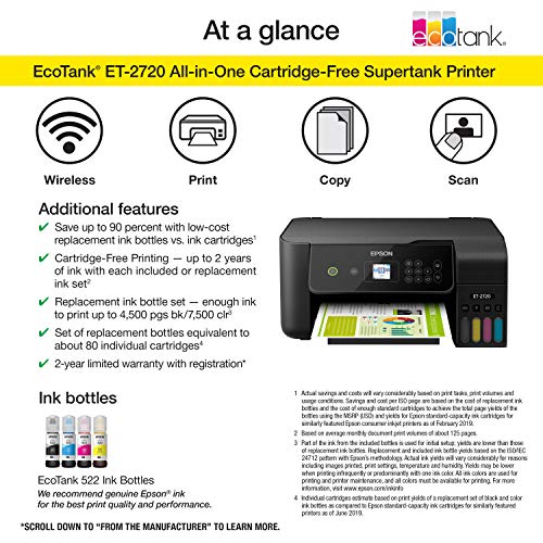 Epson EcoTank ET-2720 Wireless Color All-in-One Supertank Printer with Scanner and Copier - Black (Renewed)