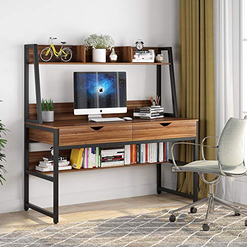 Tribesigns Computer Desk with 2 Drawers, 47 Inches Office Writing Desk with Bookshelf and Hutch, Space Saving Workstation Desk for Home Office (Dark Walnut)