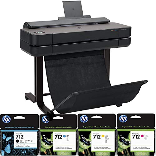 HP DesignJet T650 Large Format Printer, 24" Color Inkjet Plotter, Wireless, Bundle 712 29ml Cyan 712 29ml Magenta 712 29ml Yellow 712 38ml Black Ink Cartridges