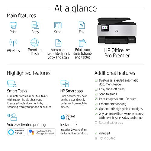 HP OfficeJet Pro Premier All-in-One Wireless Printer - includes 2 Years of Ink Delivered, plus Smart Tasks for Smart Office Productivity, Works with Alexa (1KR54A)