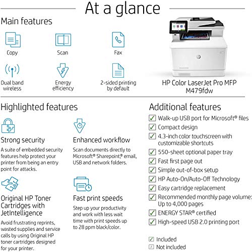 HP Color LaserJet Pro Multifunction M479fdw Wireless Laser Printer with Additional 550-Sheet Feeder Tray (CF404A)