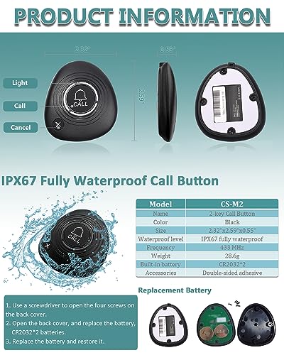 WNKRUN Restaurant Pager System with Long Range Wireless Calling - 2 Display Screens, 30 Waterproof Call Buttons, 2 Remote Controls, 4 Watch Pagers