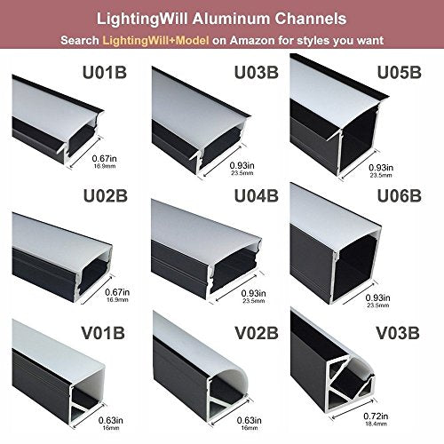 LightingWill U Shape LED Aluminum Channel 6.6ft/2M 25 Pack - Black 24x24mm - Cabinet Kitchen LED Strip Light