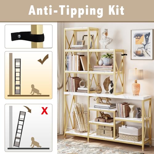 HolliWill Gold Book Shelves Set of 2 - 70'' H Etagere Bookcase with Metal Frame, 110'' W Modern White Wood Shelf