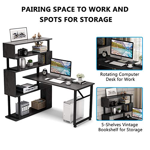 Tribesigns Rotating Computer Desk with 5 Shelves Bookshelf, Modern L-Shaped Corner Desk with Storage, Reversible Office Desk Study Table Writing Desk on Wheels for Home Office (Black)