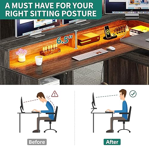 YITAHOME L Shaped Desk with Power Outlets & LED Lights, 60” Computer Desk with Drawers & Lift Top, Grey