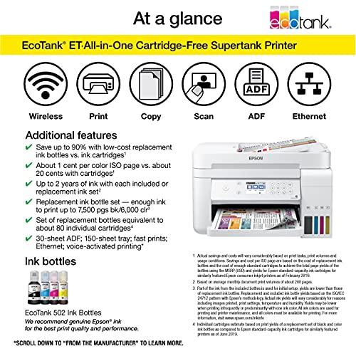 Epson_EcoTank ET Series Color Inkjet All-in-One Supertank Printer / 3-in-1 with ADF, Wireless & Ethernet: Print Scan Copy/White