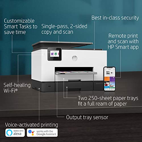 HP OfficeJet Pro 9020 All-in-One Wireless Printer, with Smart Tasks & Advanced Scan Solutions for Smart Office Productivity, Works with Alexa (1MR78A)