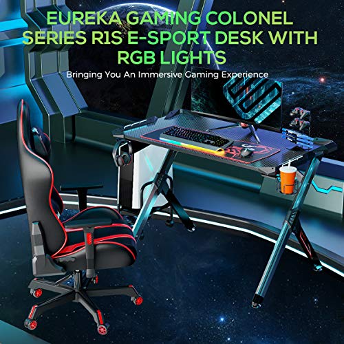EUREKA ERGONOMIC Gaming Desk with RGB Lighting Gaming Table 44.5'' PC Desk Easy to Assemble Computer Desk with Free Mouse pad, Cup Holder& Headphone Hook for Men Boy/Girlfriend Son/Daughter Black