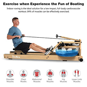 REDLIRO Water Rowing Machine Wood Folding Water Resistance Rower for Home Gym Use Oak Wooden Indoor Fitness Sports Training Equipment Bluetooth LCD Monitor (Electric Water Pump Included)