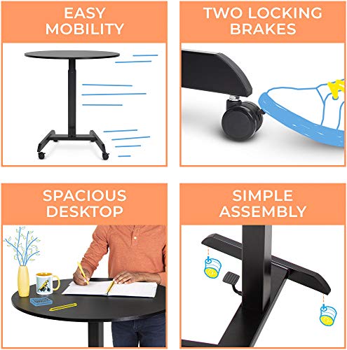 Stand Steady Height Adjustable Round Table & Multifunctional Mobile Workstation | Portable Standing Desk with Pneumatic Air Lift | Collaborative Workspace for School & Office | Easy Assembly (Black)