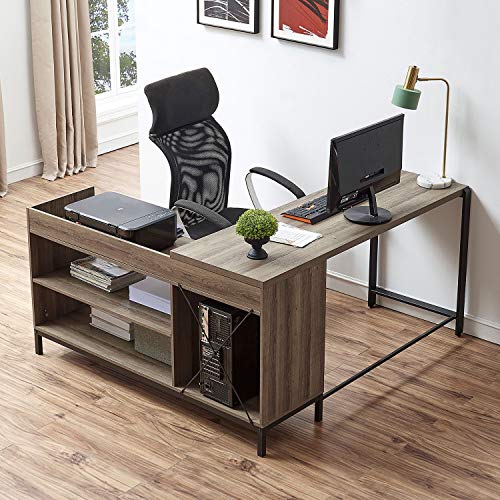 FELLYTN Rustic Industrial L Shaped Desk, 59 Inch Wood and Metal Study Corner Desk, Office Writing Workstation with Shelves and File Cabinet for Home Office (Gray Oak)