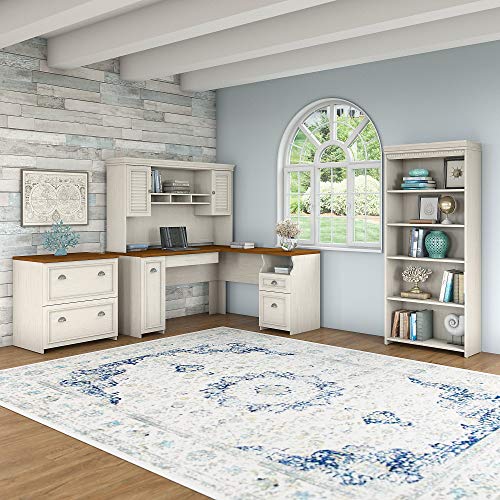 Bush Furniture Fairview L Shaped Desk with Hutch, Bookcase and Lateral File Cabinet in Antique White