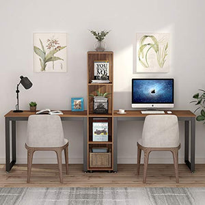 Tribesigns 91 Inches Two Person Computer Desk with Shelves, Extra Large Double Workstations Office Desk with Storage for Home Office (Dark Walnut)
