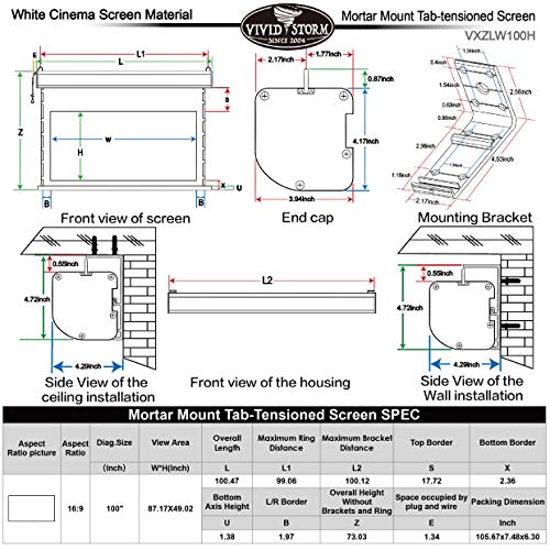 VIVIDSTORM Office Presentation Mortar Mount Tension Screen,Electric Drop Down Projector Screen,100-inch Diag 16:9, White Cinema Screen Material,Gain 1.1, Wireless 12V Projector Trigger,Model:VXZLW100H