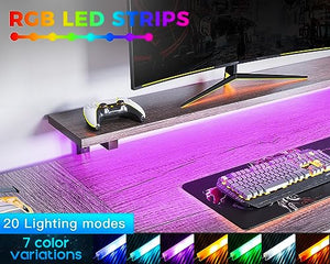 ODK U Shaped Desk with Power Outlets & LED Strip, 66" Reversible L Shaped Desk, Grey Oak