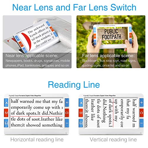 7 inch Digital Aid Magnifier,Koolertron Dual 4M Pixel Lens Portable Electronic Reading Video Magnifier with Ergonomic Bracket 2X-32X Zoom Support Output to TV, Rechargeable Battery Powered, Freeze etc
