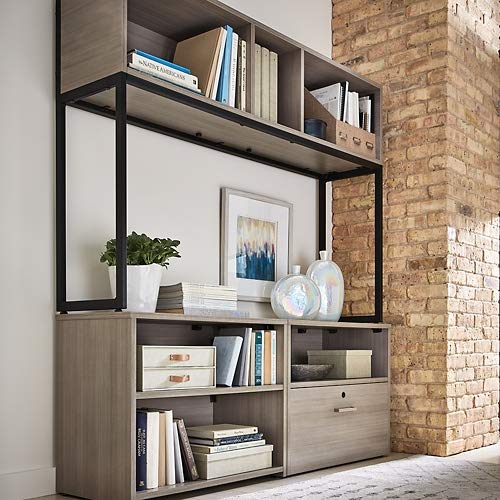 60" Wide Open Hutch Gray Laminate/Black Steel Base