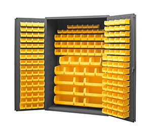 Durham 2502-186-95 Lockable Bin Cabinet with 186 Yellow Hook-On Bins, Flush Door Style, 48" Wide, 16 Gauge, Gray