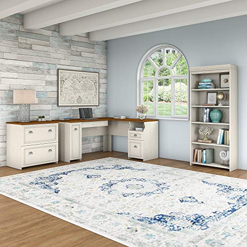 Bush Furniture Fairview L Shaped Desk with Bookcase and Lateral File Cabinet in Antique White