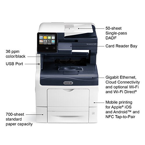 Xerox VersaLink C405/N Color Laser MultiFunction Printer, letter/legal, up to 36ppm, USB/ethernet, 550 sheet tray, 150 sheet multi purpose tray, 50 sheet DADF (Single-pass 2-sided scanning)