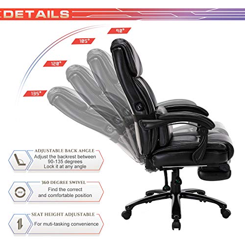 Big&Tall Office Chair with Footrest- High Back Executive Computer Desk Chair with Adjustable Built-in Lumbar Support, Angle Recline Locking System Thick Padded (Black)