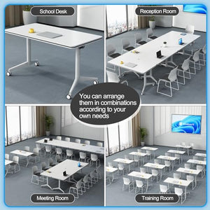 JNMDLAKO White Office Conference Room Table with Locking Casters, Foldable Flip Top Portable Training Desk (4Pcs 140CM)