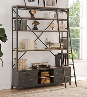 Major-Q 9092433 64" x 29" x 83"H Sandy Gray Finish Industrial Modern Style Ladder Bookshelf with 5 Wooden Shelves 4 Drawers and 2 Open Compartments