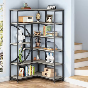 TIYASE 6-Shelf Corner Bookshelf Industrial 6-Tier Etagere Bookcase - Grey