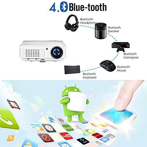 EUG Bluetooth Projector HD 4400 Lumen Wxga Android WiFi Home Cinema Projector Wireless Airplay Suport HD 1080P Compatible with HDMI USB VGA RCA TV Stick PS4 DVD Smartphone Laptop