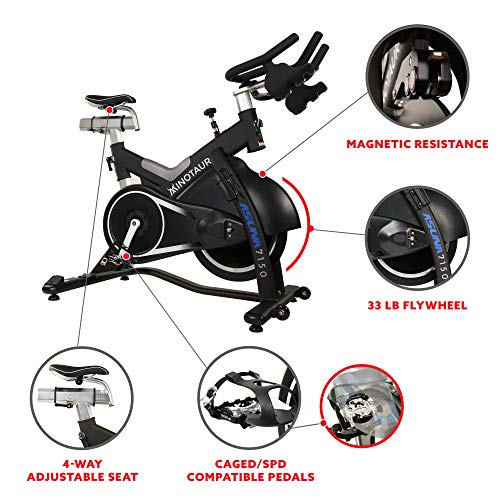 Sunny Health & Fitness ASUNA 7150 Minotaur Exercise Bike Magnetic Belt Drive Commercial Indoor Cycling Bike with 330 LB Max Weight, SPD Style / Cage Pedals and Aluminum Frame, Black