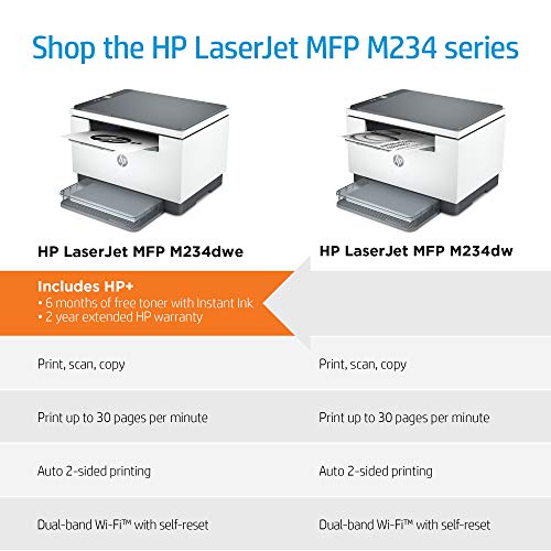 HP LaserJet MFP M234dwe Wireless Black & White All-in-One Printer, with bonus 6 months free Instant Ink through HP+ (6GW99E)