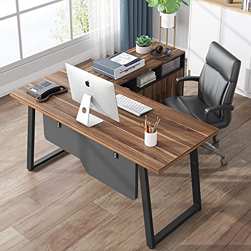 Tribesigns Executive Office Desk, 55 inch L Shaped Desk with Mobile File Cabinet, Modern Computer Desk with 40 inch Printer Stand for Home Office (Dark Walnut)