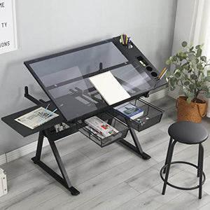 ZLECTIO Drafting Desk with Adjustable Tempered Glass Top and Chair