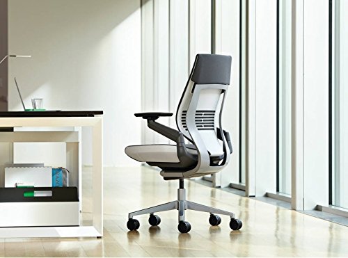 Steelcase Gesture Task Chair: Wrapped Back - Platinum Metallic Frame/Base/Seagull Accent - Roll Control Hard Floor Casters