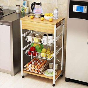 None 3-Tier Kitchen Trolley Cart with Lockable Caster Wheels - Wood - 80x48x33 cm