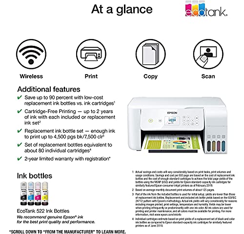 Epson EcoTank ET Series All-in-One Supertank Inkjet Printer for Cartridge-Free Home Printing, Wireless, Print, Scan, Copy - White