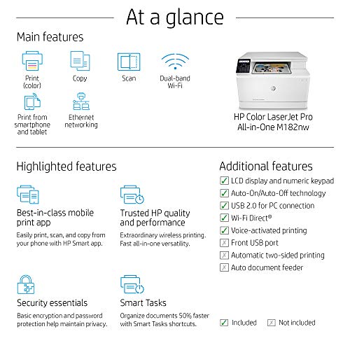 HP Color Laserjet Pro M182nw Wireless All-in-One Laser Printer, Remote Mobile Print, Scan & Copy (7KW55A)