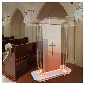 VZADGWA Clear Church Pulpit with Wheel, LED Lights & Hollow Cross Design