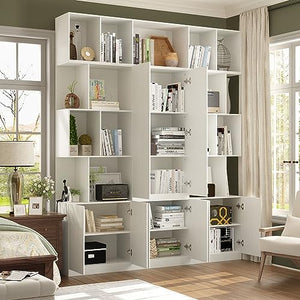 FAMAPY Wide Cube Storage Bookshelf with Doors and Shelves, White - 70.9”W x 11.8”D x 87”H