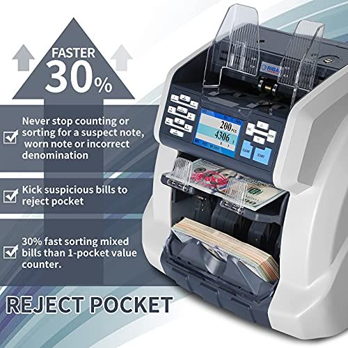 Ribao BCS-160 Two-Pocket Mixed Denomination Money Counter, Bank Grade Multi Currency Cash Bill Counter & Sorter with Reject Pocket Serial Number 2-Year Warranty