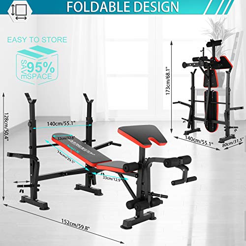 Hicient Olympic Weight Bench with Preacher Curl & Leg Developer for Weight Lifting and Strength Training, 6 Levels Adjustable Professional Weight Bench Set for Indoor Exercise (Red)