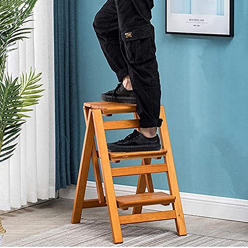 LUCEAE Folding Wooden Step Stool, 3 Steps, Non-Slip Wide Tread, Portable Adult Footstool - Black